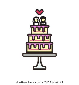 Stacked wedding cake dessert icon with couple topper line art icon for food apps and websites. Bride and groom cake flat icon, illustration and logo - Powered by Shutterstock