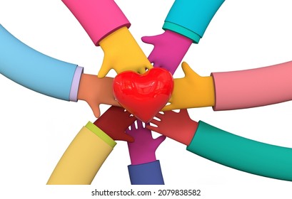 Stacking Hands With Heart, Friendship Hands, Different People Hands, Intercultural Communication, Interethnic Relations, Politics Of Difference. Trendy 3d Illustration On White Background