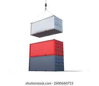 Stacking intermodal containers into walls is often done for temporary storage or to optimize space in container yards. Isolated on a white background. 3d illustration.
