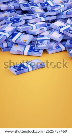 A lot of stacks of 1000 Nigerian naira notes falling spread at the on top of screen. banner flyer poster template story cash money wealth riches currency yellow background. text copy space	