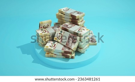 Stacks of 50 British pound notes on top of pedestal. money on blue background. 3d rendering of bundles of cash
