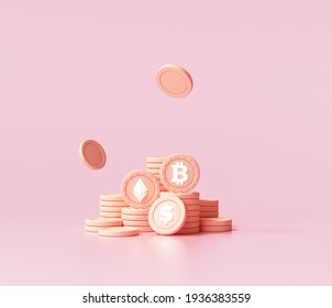Stacks of bitcoins cryptocurrency on pink background. 3d render illustration