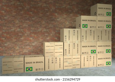 Stacks of boxes with MADE IN BRAZIL text make up a rising chart, business success related conceptual 3D rendering