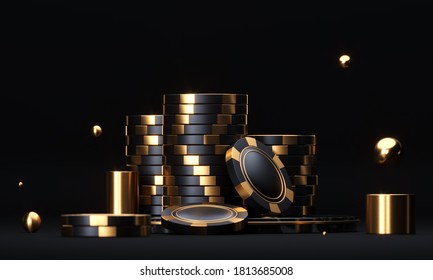 Stacks Of Chips On Black. Online Casino Black And Gold Background. 3D Rendering.