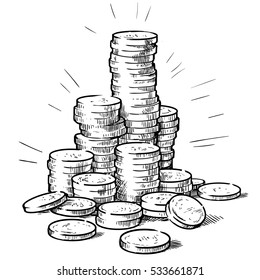 Stacks Of Coins. Money. Hand Drawn Illustration In Sketch Style.