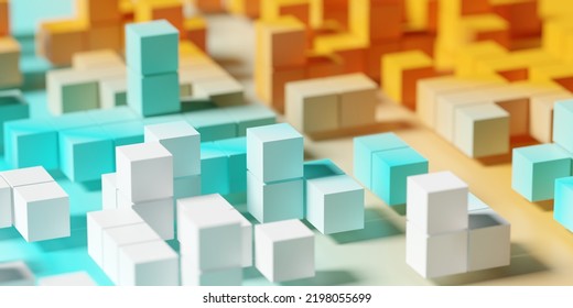 Stacks Of Cubes With Different Height On White Background, Abstract Modern Data Visualisation, Science, Research Or Business Datum Concept, 3D Illustration