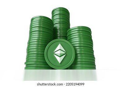 Stacks Of Ethereum Classic Etc Crypto Coins Seen From A Low Perspective. Illustrative Concept Of Trading And Exchange Of Digital Assets. High Quality 3D Rendering.