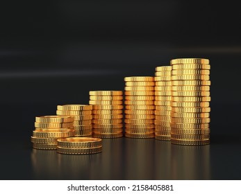 Stacks Of Gold Coins On A Black Background, 3d Render