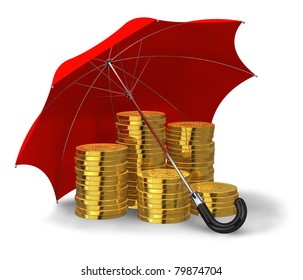 Stacks of golden coins covered by red umbrella isolated on white background