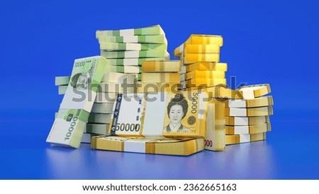 Stacks of South Korean won notes. A lot of money isolated on blue background. 3d rendering of bundles of cash