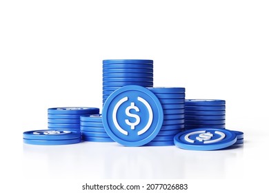 Stacks of stacked USDC digital stable coins. Suitable for cryptocurrency and trading concepts. High quality 3D rendering.