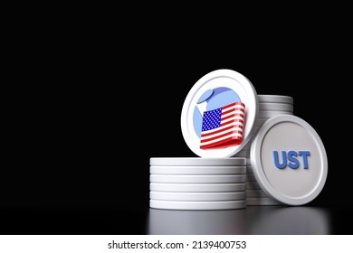 Stacks Of Terra Usd Stablecoin Tokens On Black Background. Ust Ticker And Cryptocurrency Icon. High Quality 3D Rendering.