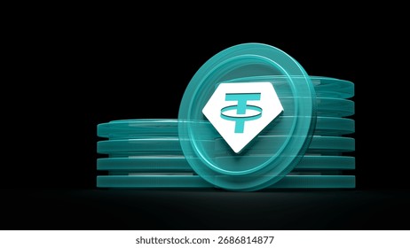 Stacks of Tether cryptocurrency. USDT stablecoins isolated on black background. High-quality 3D rendering of tokens designed with a translucent finish and luminous effect.