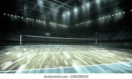 
Stadium 3d render volleyball arena in spotlights.