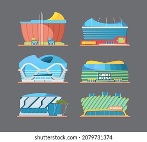 Stadium Building. Exterior Of Sport Arena Field Modern International Stadiums Construction Flat Illustrations