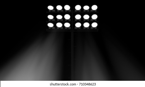 Stadium Flood Lights Turned On A Black Background 3d Render Illustration Front View