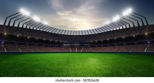 stadium in sunset. with people fans. 3d render illustration blue sky