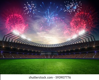 stadium sunset  with people fans and fireworks. 3d render illustration cloudy sky 