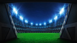Stadium Tunnel Leading To Playground. Players Entrance To Illuminated Football Stadium Full Of Fans. Digital 3D Illustration Background For Sport Advertisement. 