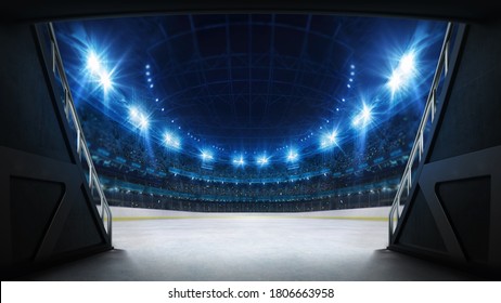 Stadium Tunnel Leading To Playground. Players Entrance To Illuminated Ice Hockey Stadium Full Of Fans. Digital 3D Illustration Background For Sport Advertisement. 