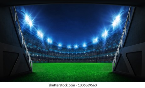 Stadium tunnel leading to playground. Players entrance to illuminated football stadium full of fans. Digital 3D illustration background for sport advertisement. 
