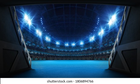 Stadium tunnel leading to playground. Players entrance to illuminated tennis arena full of fans. Digital 3D illustration background for sport advertisement. 