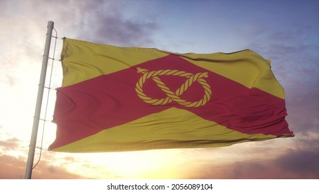 Staffordshire flag, England, waving in the wind, sky and sun background. 3d rendering.