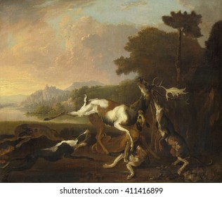 Stag Hunt, By Abraham Hondius, 1650-95, Dutch Painting, Oil On Canvas. Six Hounds Bring Down A Stag In A River Landscape