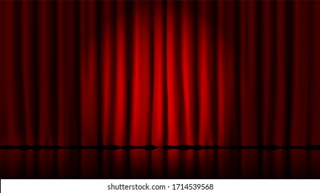Stage curtains light by searchlight. Realistic theater red dramatic curtains, spotlight on stage theatrical classic drapery template illustration. Circus and movie, standup interior 3D Illustration