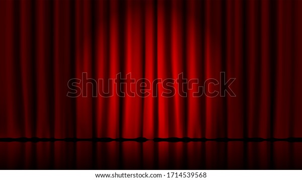 ステージはサーチライトで光を抑える リアルな劇場用の赤い劇的なカーテン 舞台上のスポットライト 舞台用のクラシックなドレーパリーテンプレートイラスト サーカスと映画 立ち上がった内部3dイラスト のイラスト素材