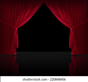 Stage Curtains On A Black Background And A Reflective Floor