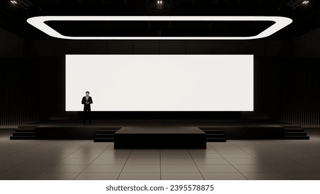 Stage front view with big LED screen and seating, corporate event stage setup. conference. 3d rendering. 3d illustration.