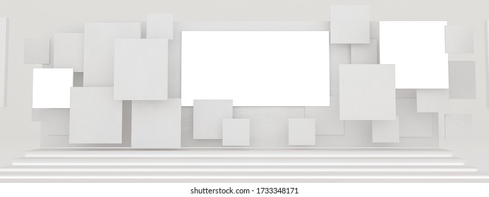 The Stage Has A Backdrop Various Sizes Of Rectangular. Have A White LED Screen, Center And Left-right, Stage Floor 3 Steps, All White For The Show. 3D Render.