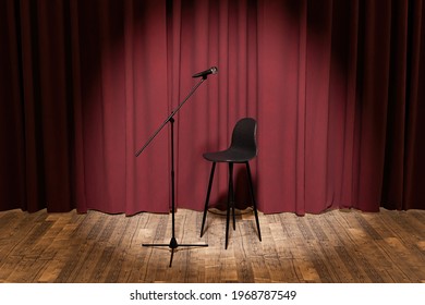 Stage Illuminated By Spotlight With Stool And Microphone And Curtain Backdrop. 3d Render