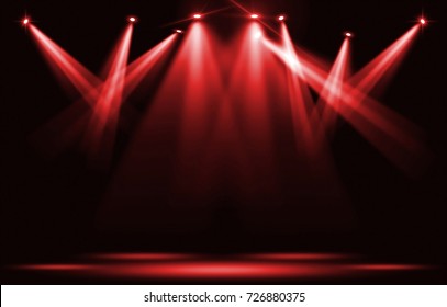 Stage Lights. Red Spotlight Strike Through The Darkness.
