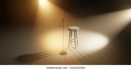 Stage With Microphone And Empty Stool. Empty Stage 3d Render Illustration