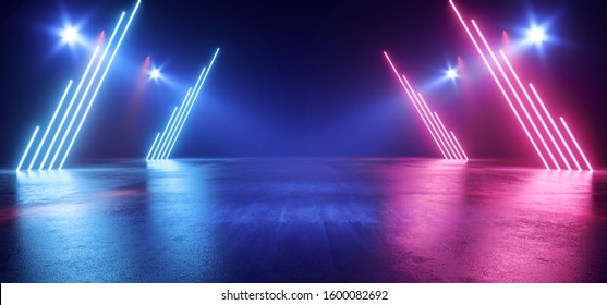 Stage Neon Lasers Glowing Sci Fi Retro Blue Purple Construction Dance Floor Club Dark Night Empty Hallway Tunnel Garage Underground Cyber 3D Rendering Illustration