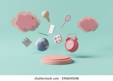 Stage Podium Display Clock Alarm Timetable Routine Calculation Cloud Invention Note Notebook Paper Writing Global Calendar Pencil. Kids Cute Pastel Pink Objects Of Learning Education. 3D Illustration.