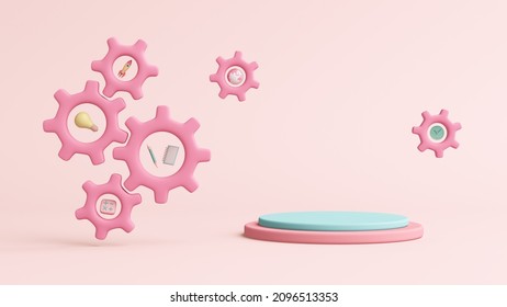 Stage Podium Display With Cog Work Gear Work Timetable Routine School Online Learn Idea Future Study. Creative Imaging Business And Education Cute Kids Pink Pastel. Clipping Path. 3D Illustration.