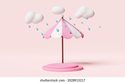stage podium empty and umbrella  cloud  drop rain water isolated pink background  protection   security concept  3d illustration 3d render