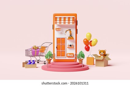 stage podium with orange mobile phone or smartphone store front, balloon, cart, shoe, goods cardboard box, shopping bags, online shopping summer sale ,search data concept, 3d illustration or 3d render