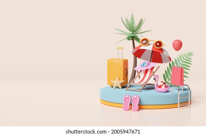 stage podium with orange suitcase, beach chair, sunglasses, Inflatable flamingo, sandals, palm leaf, shopping bags, summer travel or online shopping summer sale concept, 3d illustration or 3d render - Powered by Shutterstock