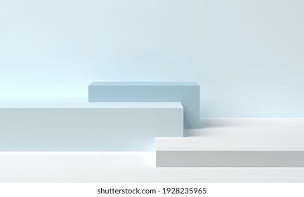 Stage For Product In Podium Platform. Blue Cubes In A Minimal Style. 3d Rendering