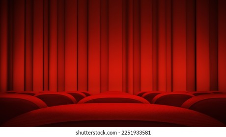 Stage red curtains, in front of empty, movie theater seats. A 3D rendering graphics, event or show, commercial background. Entertainment industry, front view cinema concept template, with copy space - Powered by Shutterstock