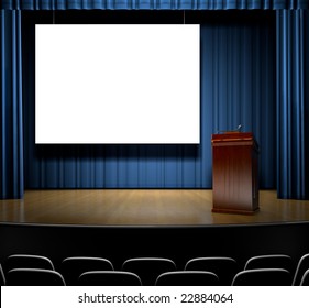 A Stage with a screen for copy and a podium.