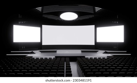 Stage with seating and3 Screen for event. 2 side screen. 3d rendering. 3d illustration. - Powered by Shutterstock