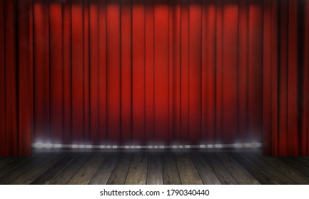 Stage With Spotlights And Red Curtain, Ready For The Show (3D Illustration)