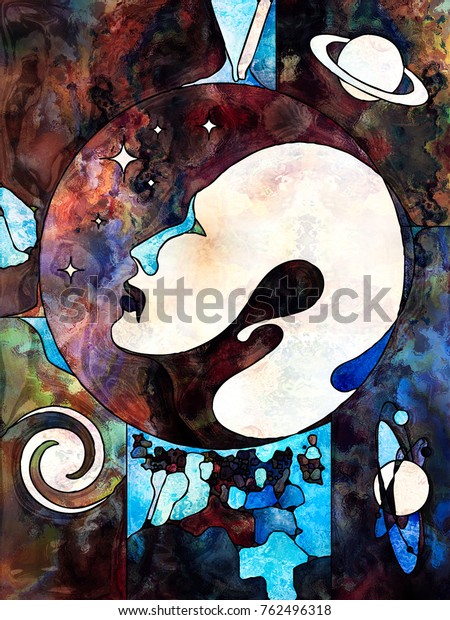 Stained Glass\
Forever series. Human head looking up, surrounded by symbols of the\
Universe and divided by colorful patterns on the subject of\
education, knowledge and unity of\
life.