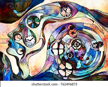 Stained Glass Forever series. Interplay of human profile and clock elements on the subject of time, age, mental life and internal reality.