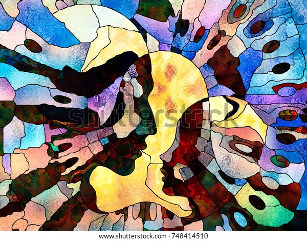 Stained Glass Forever series. Teacher and
pupil profiles divided and merged by mosaic reality on the subject
of unity of
existence.